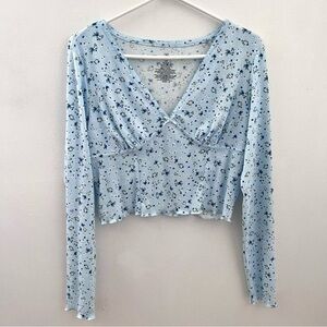 3/25$💥 NOBO top Women Medium floral blue crop top long sleeve boho fairy bow